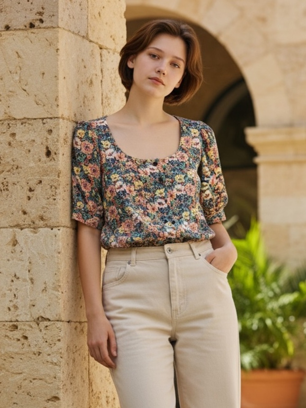 Melloday Floral Puff Sleeve Blouse